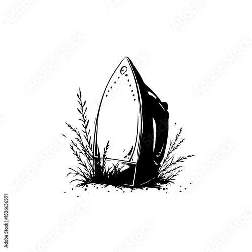 Monochrome vintage iron illustration resting in overgrown grass patch, antique style