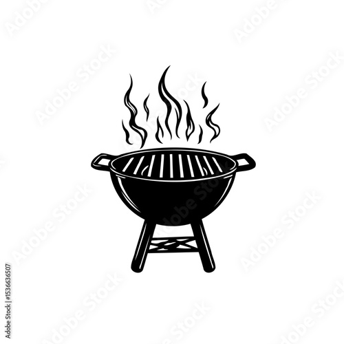 Black and white barbecue grill drawing with flames for summer cookout fun