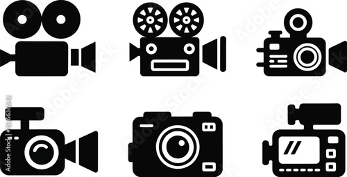 Collection of Six Black and White Camera Icons in a Vector Illustration