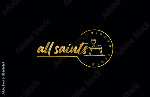 Modern gold faith-based logo with handwritten script, communion table, and circular inclusive design, ideal for church branding or religious community identity