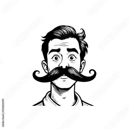 Expressive man with a long, curled mustache on a white background artwork