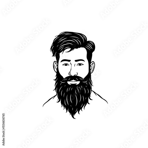 Black and white line art illustration of a man with beard and hairstyle