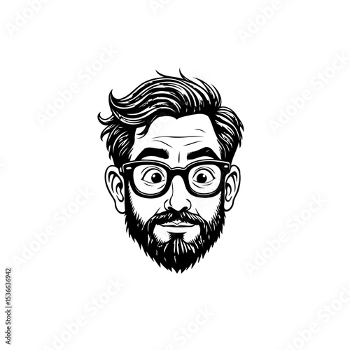 Stylish Bearded Man with Glasses: A Detailed Black and White Vector Portrait