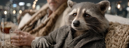 A raccoon sits comfortably in a knitted sweater, appearing relaxed while enjoying a drink. A person in the background shares this cozy atmosphere during an evening gathering