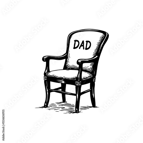 Monochrome illustration of an armchair with the word 'DAD' on the backrest