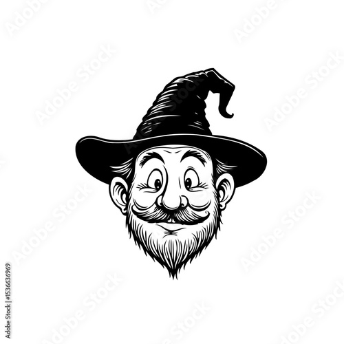 Cartoon wizard face with beard and mustache wearing a classic pointed hat