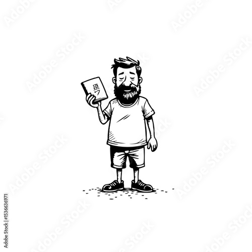 Cartoon character of a bearded man holding a book with text, isolated design