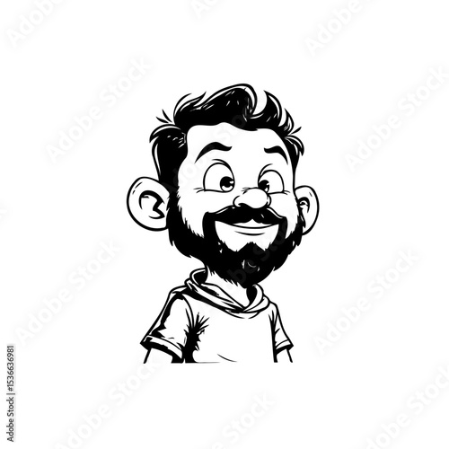 Monochrome cartoon illustration of a bearded man with a hoodie portrait