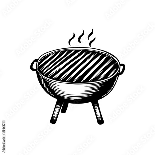 Hand-drawn vintage bbq grill illustration with smoking, ready for outdoor cooking