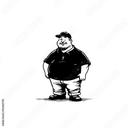 Monochrome illustration of a cheerful man with a baseball cap standing confidently