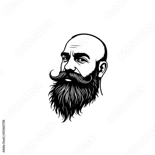 Detailed black and white vector illustration of a distinguished man with a beard