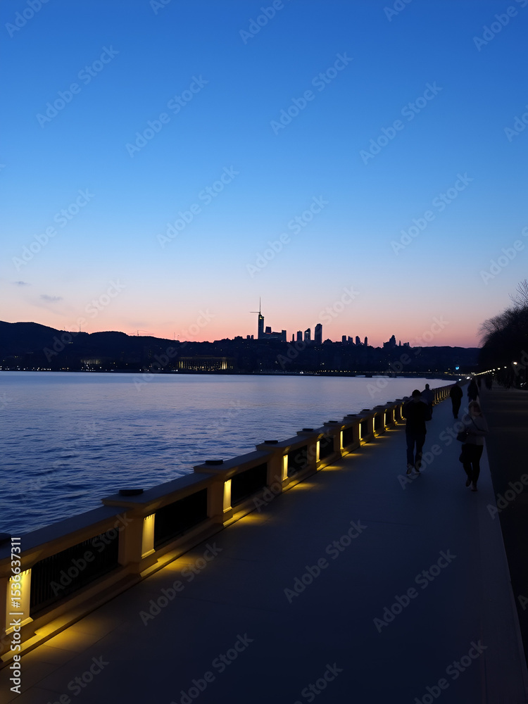 Fototapeta premium Evening stroll along illuminated lakeside promenade, city skyline reflecting in calm water, twilight sky.