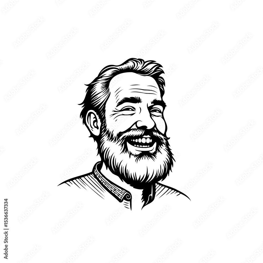 Friendly bearded man in line art style smiling happily against a white background