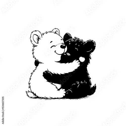 Illustration of two cute bear cubs hugging each other in black and white