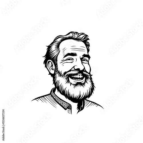 Friendly bearded man in line art style smiling happily against a white background