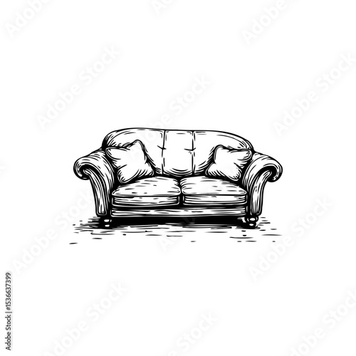 Detailed Black and White Sketch of a Classic Sofa with Pillows on White Background