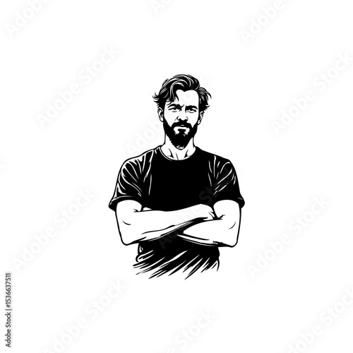 Monochrome portrait of a confident man with beard and crossed arms illustration