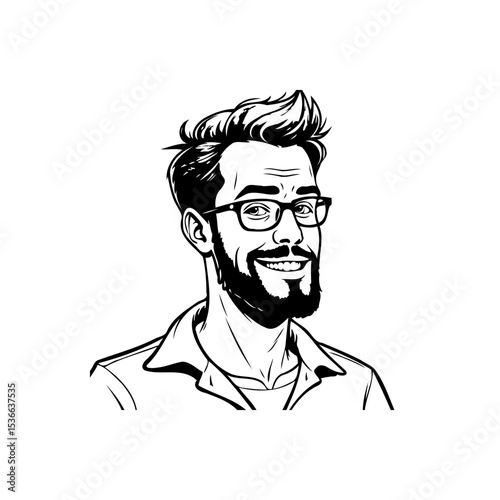 Stylish Man Portrait with Beard and Glasses in Black and White Line Art
