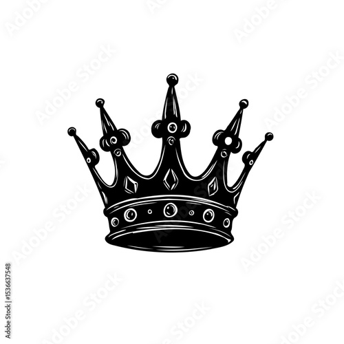 Elegant monochrome crown illustration with detailed design and classic royalty