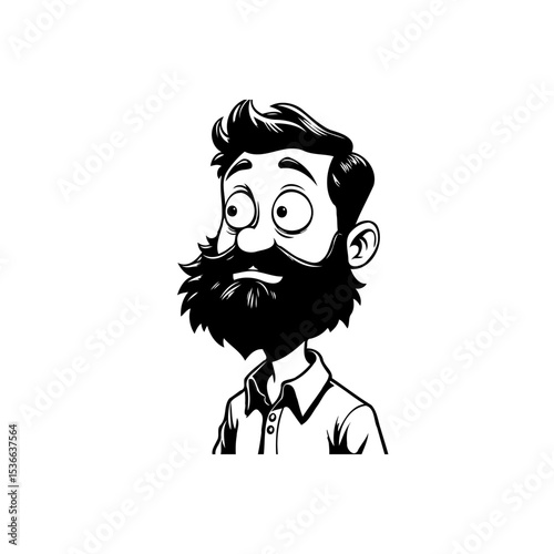 Cartoon illustration of a bearded man with surprised expression in black and white