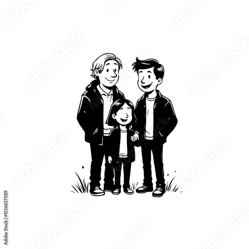 Charming monochrome vector illustration of a happy family embracing unity and love