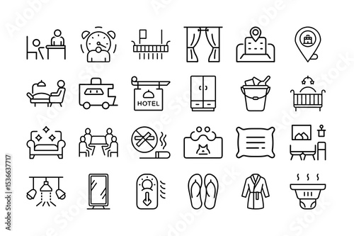 Hotel and Travel Amenities Line Icon Set Illustration