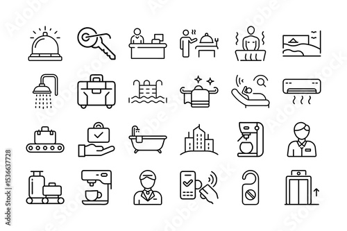 Hotel Amenities and Services Line Icon Set Illustration