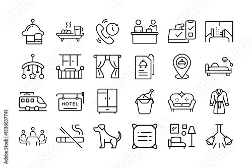 Hotel Amenities and Services Icon Set Black and White