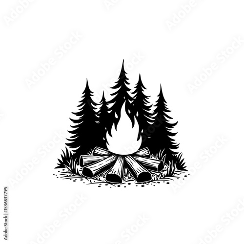 Monochrome Camping Scene Illustration with Campfire and Pine Trees Artwork