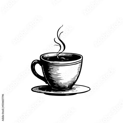 Elegant black and white illustration of a steaming cup of coffee on a saucer
