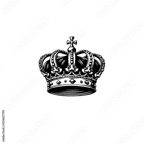 Elegant black and white illustration of a vintage royal crown with cross