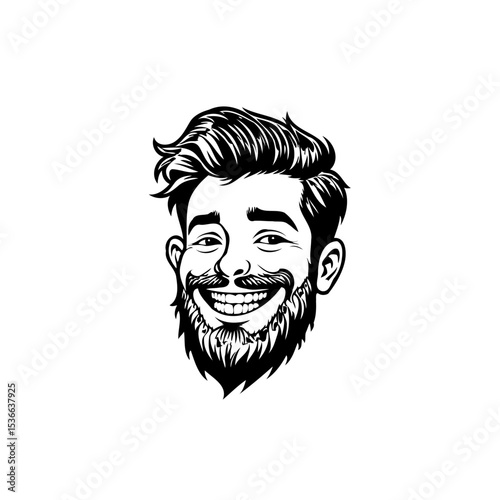 Smiling man with beard portrait in black and white cartoon style illustration