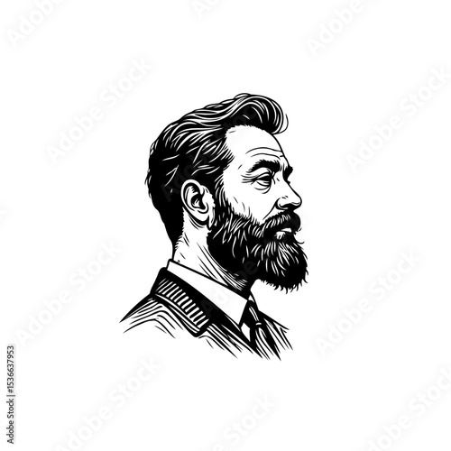 Elegant bearded gentleman portrait illustration in black and white style art