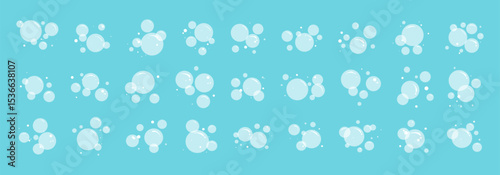 Soap water bubble, cartoon foam bath icon. Sea drop, simple carbonated air, wash pattern. Shampoo suds, soda cloud drink, oxygen effect. Transparent fizzy ball on blue bg. Clear vector illustration