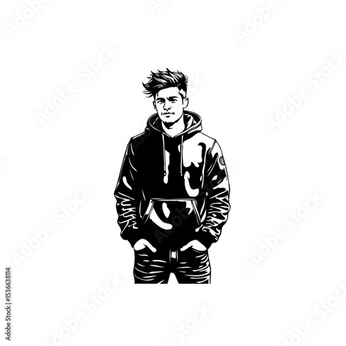 Monochrome Stylish Man in Hoodie: Vector Illustration for Modern Apparel Design