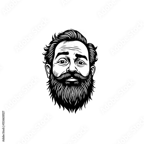 Detailed line art illustration of a man's face with beard and mustache