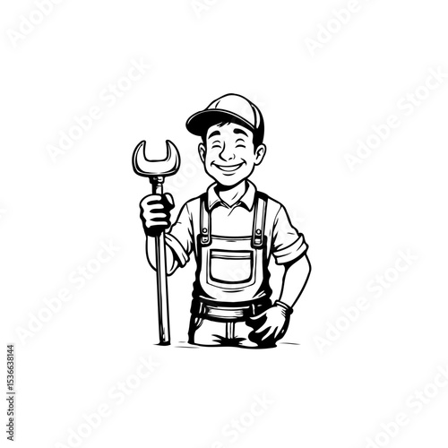 Cartoon Illustration of a Smiling Mechanic Holding a Wrench in Black and White