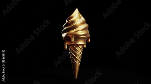 Golden Ice Cream Drips Extravagantly against a Black Background, showcasing luxury and indulgence with a metallic sheen in a studio setting.