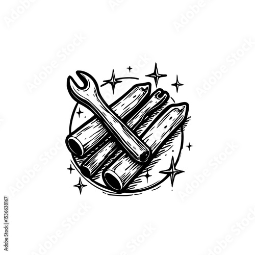 Vintage Style Illustration of a Wrench and Pipes surrounded by Stars on a White Background