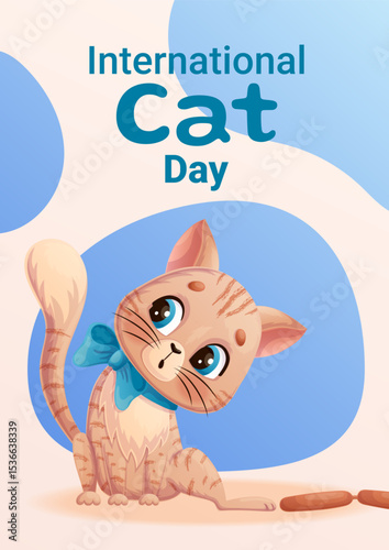 A postcard for the International Cat Day on August 8th. Cute cat is trying to steal a sausage. A charming animal with a bow around its neck. Vector illustration for posters, banners, flyers.