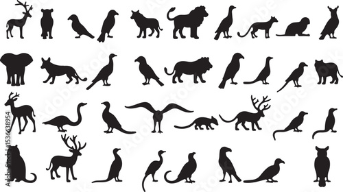 Black vector silhouettes of wild and farm animals including kangaroos, deer, and elephants, in a diverse collection