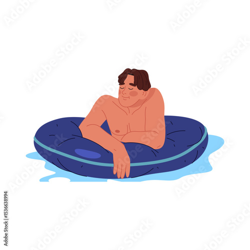 Vector man floating with swimming ring at pool. Summer character relax at water, float at sea or ocean. Male aquatic sunbathing, swim activity. Holiday and vacation, beach recreation. Waterpark sign