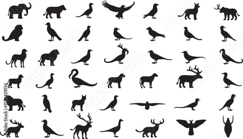 Seamless pattern vector set of black jumping animal and sport people silhouettes