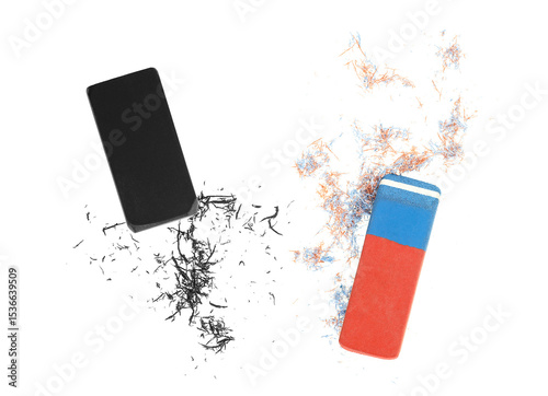Group of erasers with eraser shavings isolated on a white background, top view. Office supply for erasing mistakes.