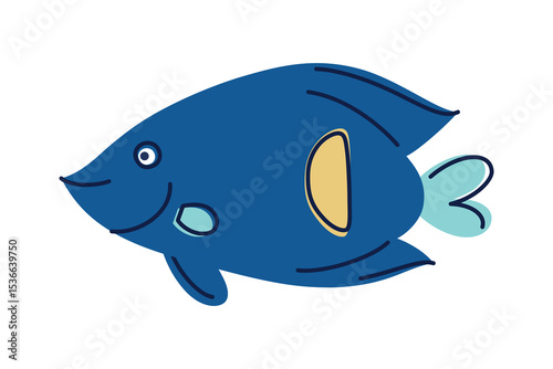 Colorful vector illustration of blue angelfish with yellow crescent spot near tail. Flat cartoon tropical marine fish for underwater themes, childrens materials, ocean life, decor, aquariums icon