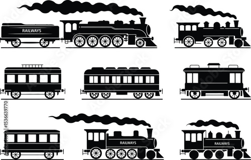 Collection of Vintage Steam Train Illustrations in Black and White Silhouette Style