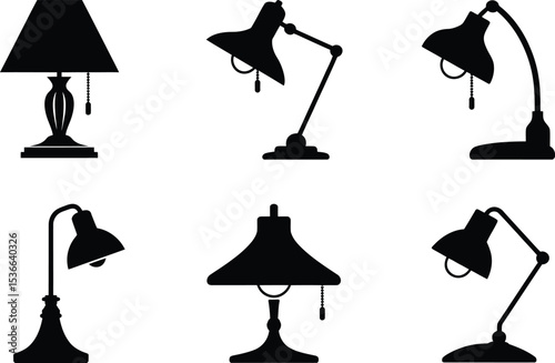 Collection of Six Different Table Lamp Silhouettes in Black and White Illustration