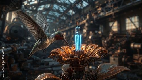 A hummingbird flying near a glowing blue light inside a steampunk mechanical flower structure indoors