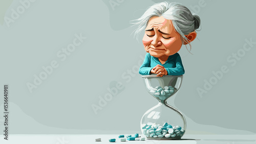 Drug Side Effects on Elderly Woman - Medicine and Emotional Stress Illustration