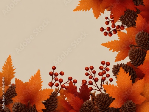 Autumn Floral Wreath Frame on Beige Background